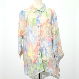 Erin London Sheer ButtonUp Blouse XL Pastel Floral Print Long Sleeve Lightweight